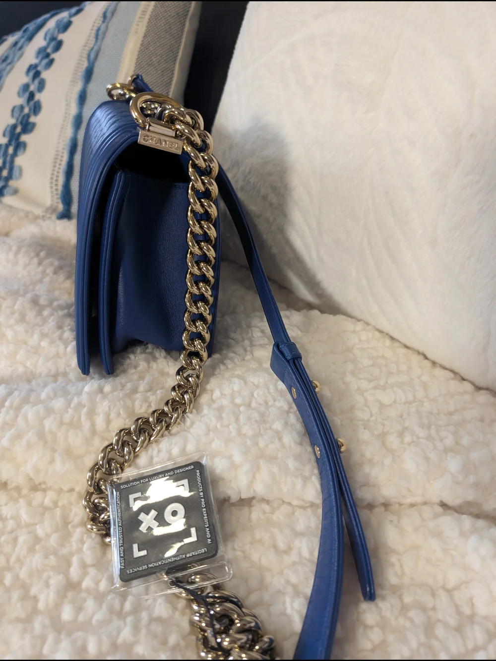 CHANEL Blue Quilted boy Shoulder Bag Gold Hardware Chain Strap CC